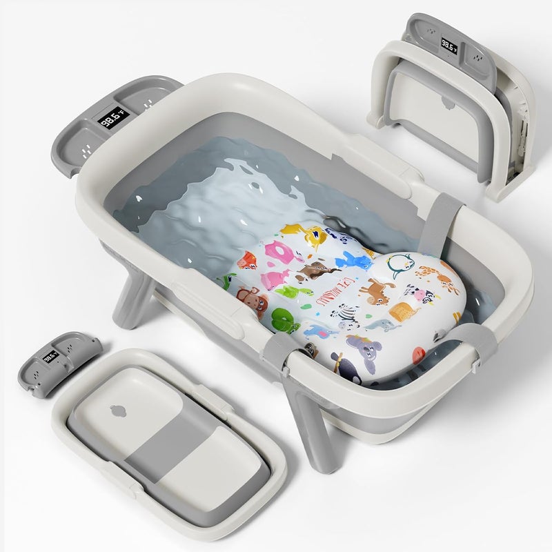 EverKiddo Collapsible Baby Bathtub, Large Infant Bath Tub with Thermometer & Cute Soft Cushion for Newborn to 36-Month Toddlers, Storage and Non-Slip Feet Design, Baby Bath Gift (Grey) - Image 1